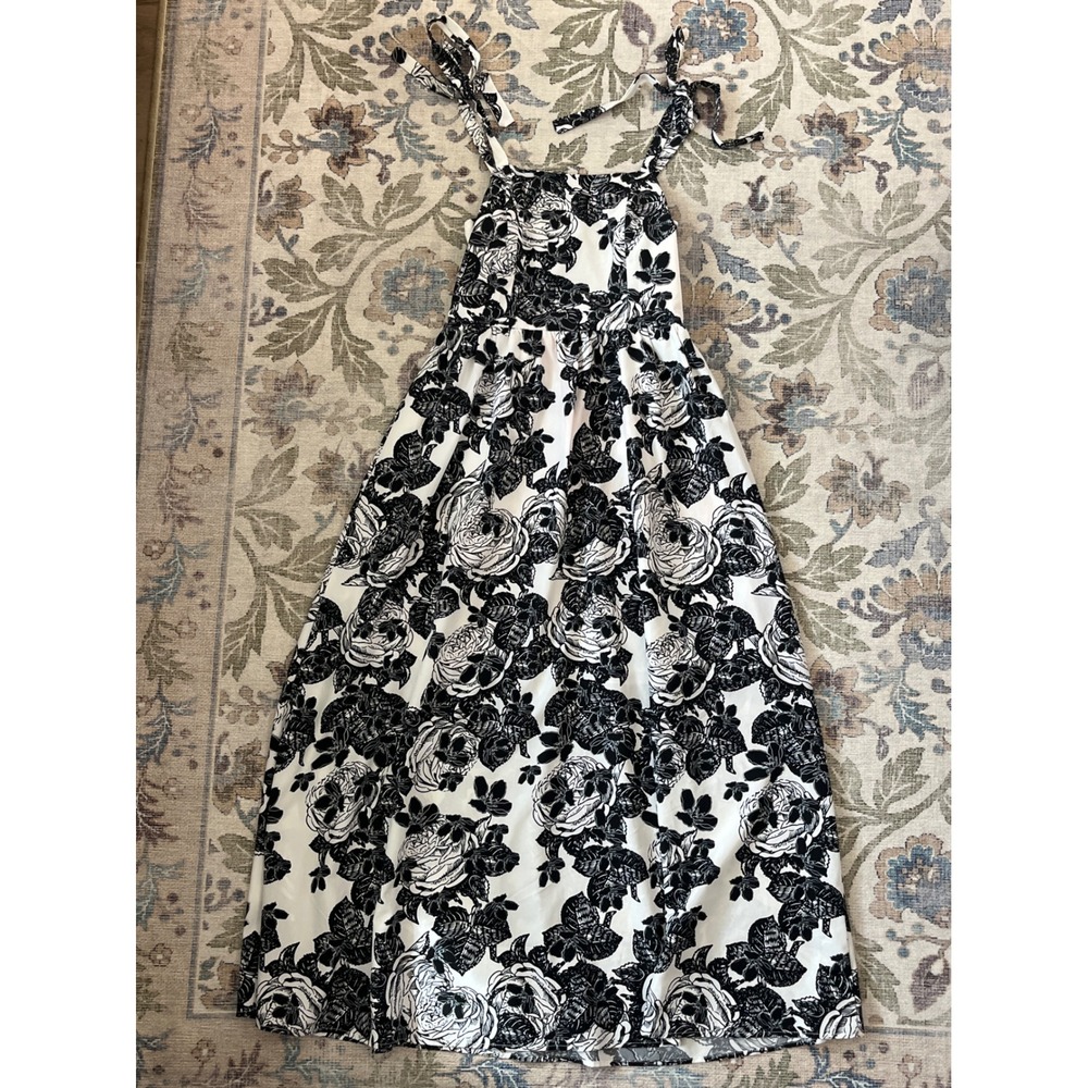 Unbranded Floral Maxi Dress Womens Medium Black White Excellent Tie Shoulder